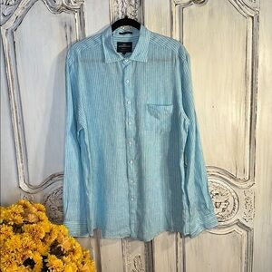 Men’s Rodd & Gunn Aqua Blue and White Stripe  Linen Long Sleeve Shirt